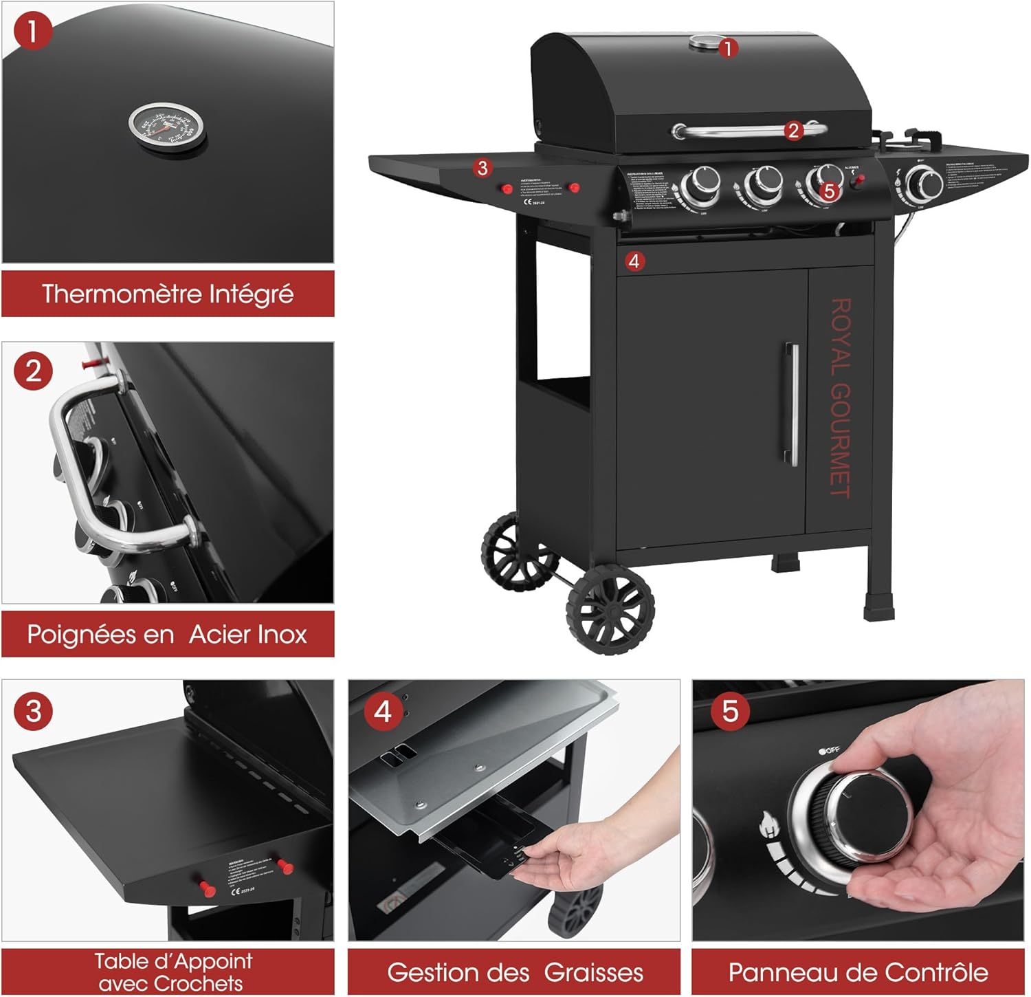 jardinito - barbecue gaz 3+1 brûleurs inox - 11,5 kW - chariot, 2 roues, thermomètre