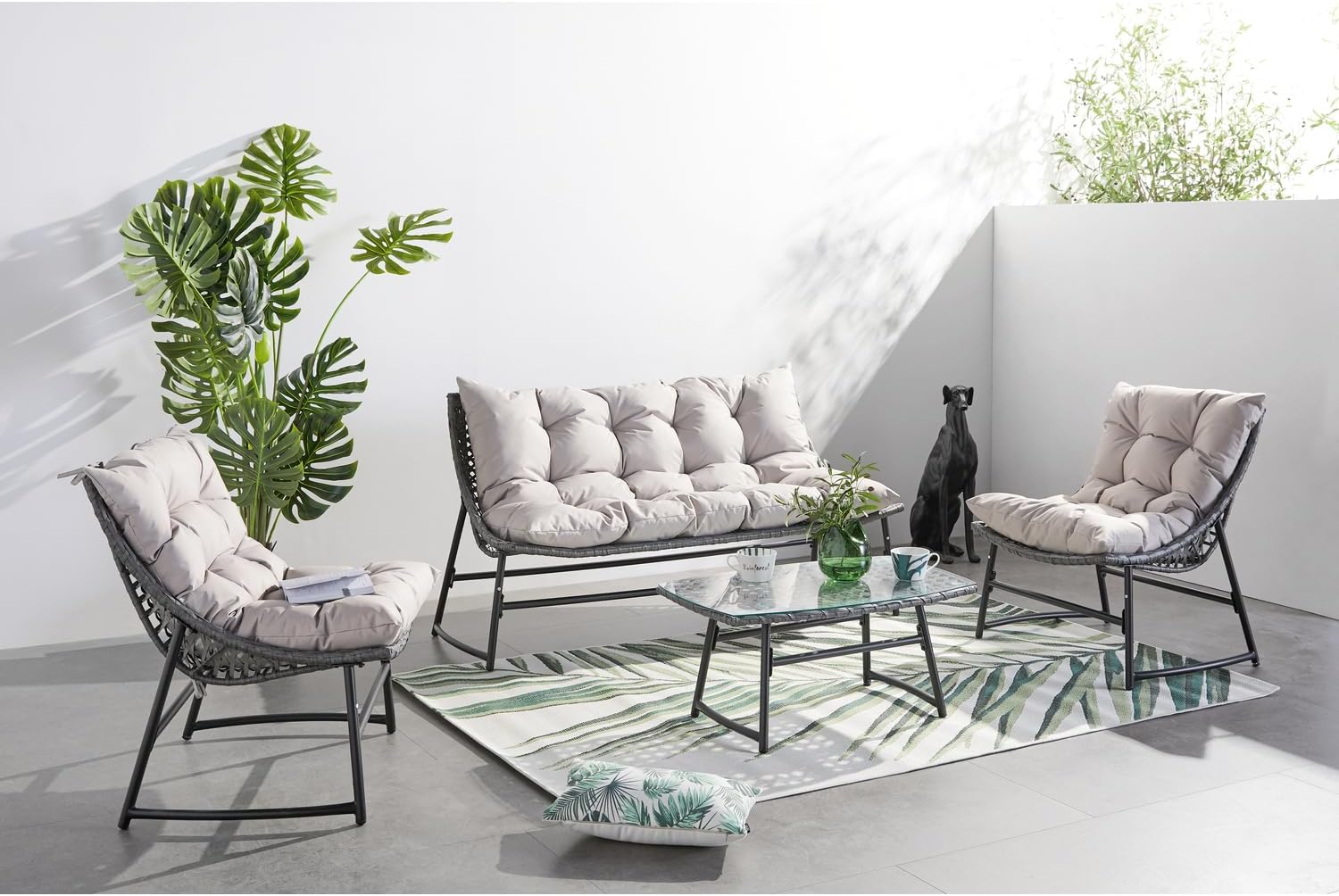 jardinito - Guahana - salon bas 4 places, acier, rotin, coussins épais