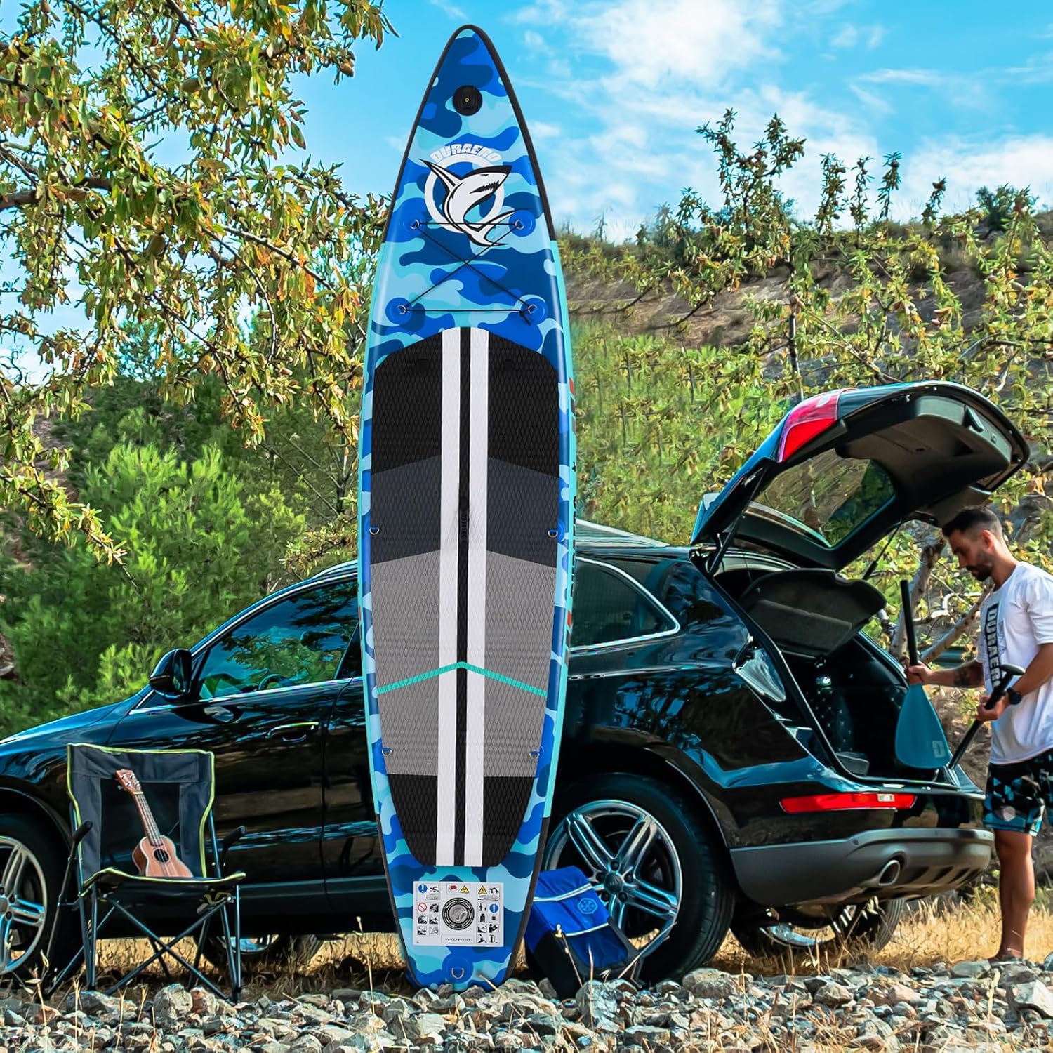 Siège de Kayak Gonflable Stand Up Paddle et Support de caméra, pagaie 2 en 1 330x76x15cm, Pompe jusqu'à 150kg avec Sangle de Pied, Sac à Dos