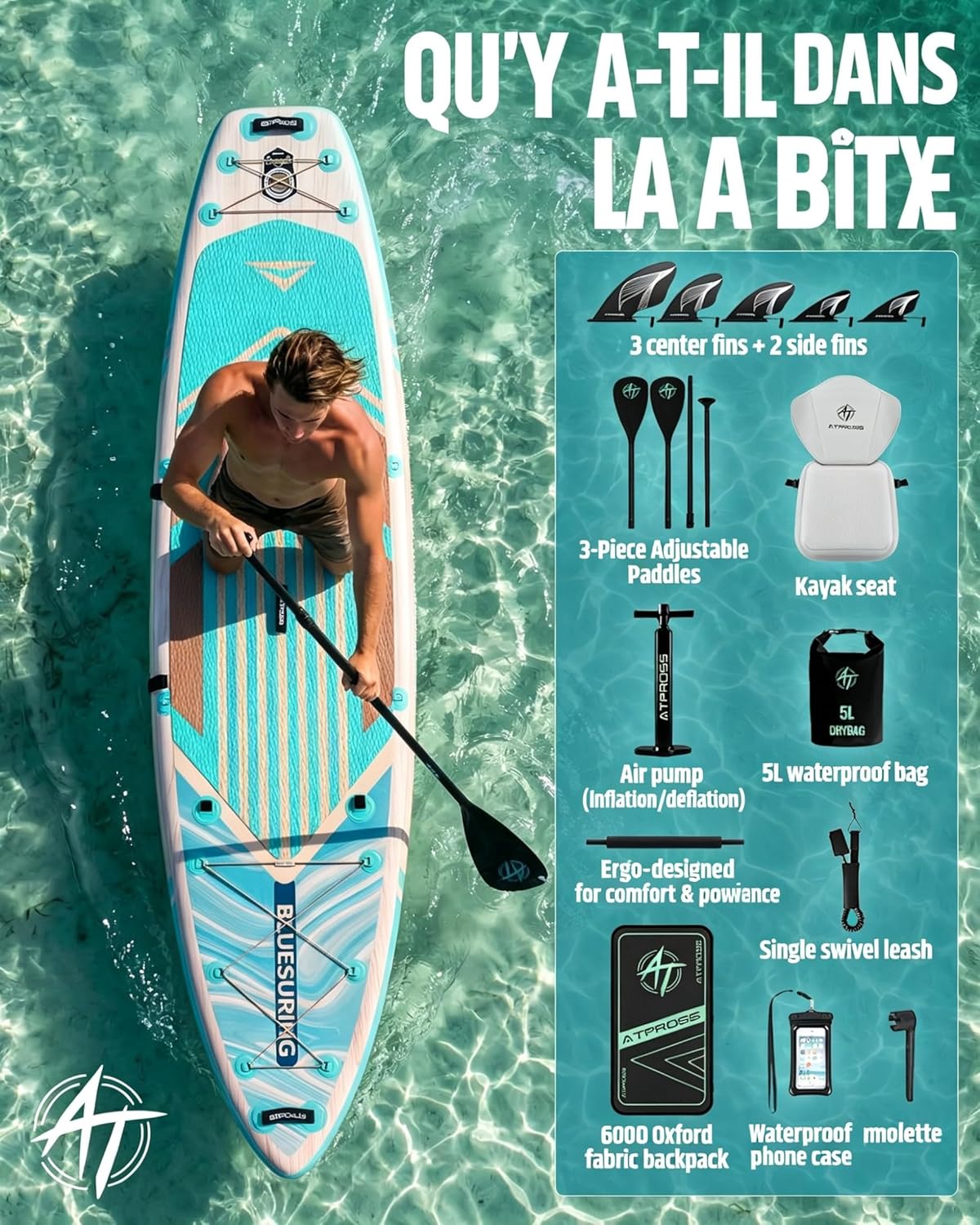 Planche de Paddle Gonflable Adulte avec Siège Kayak & Accessoires, 366x92cm Sup Extra Large & Stable, Charge 240kg, Kayak Gonflable 2 Places pour Yoga, Pêche et Surf