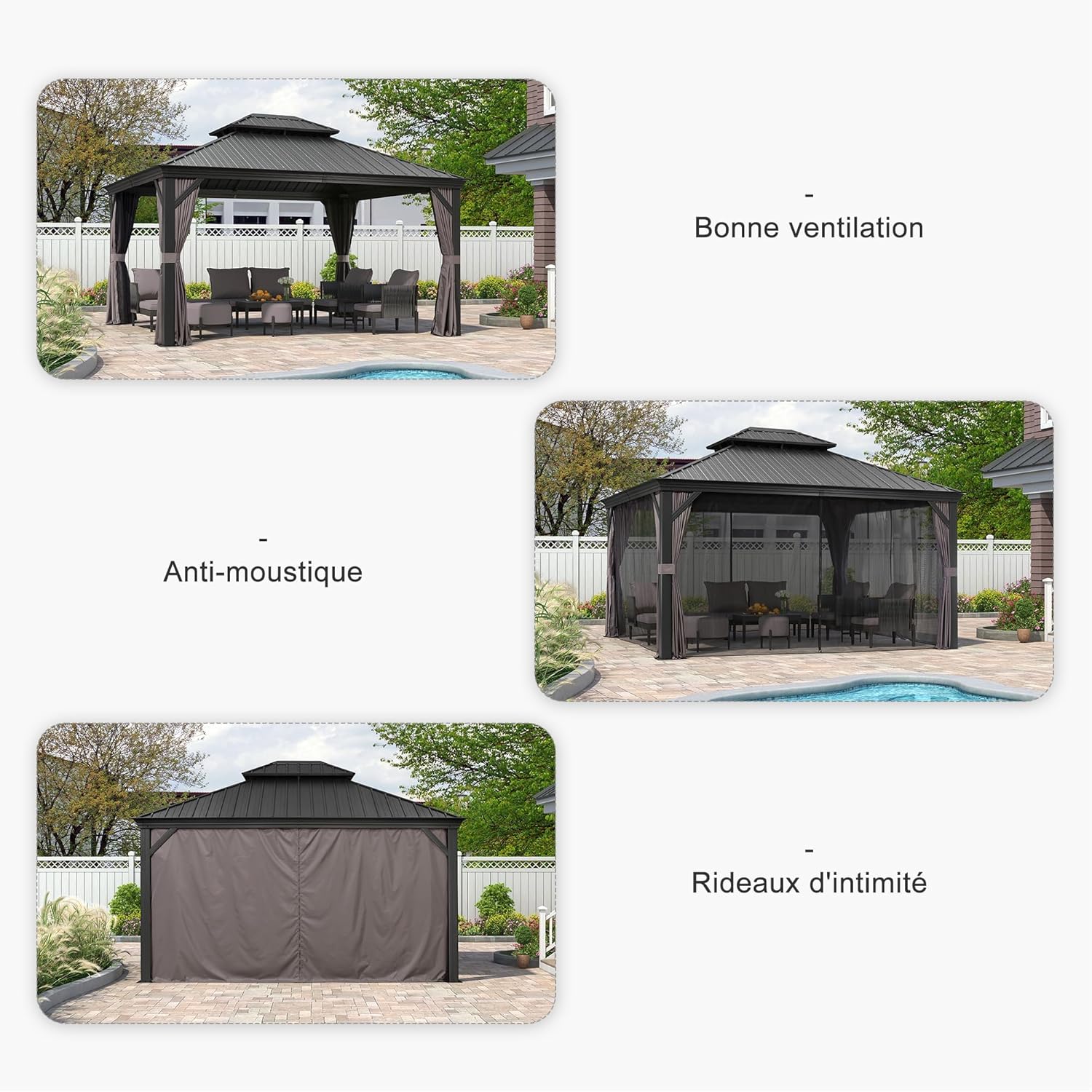jardinito - tonnelle aluminium - 4,25x3,65m - éclairage intégré, rideaux moustiquaires, gouttière, poteaux renforcés