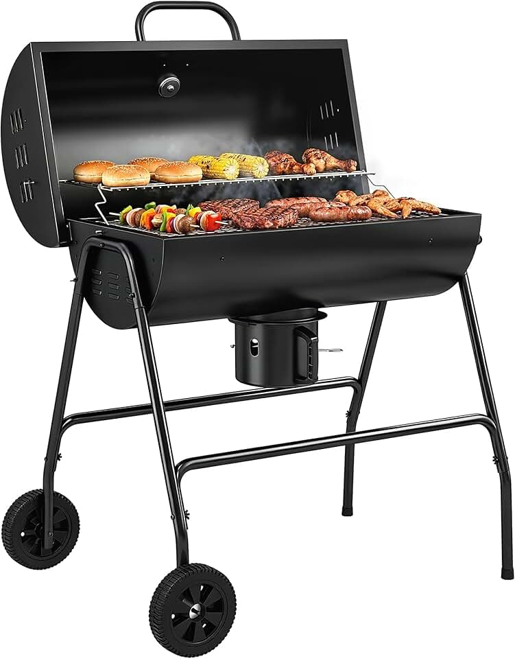 jardinito - barbecue charbon de bois, 95x71,5x102cm, couvercle, thermomètre, roues