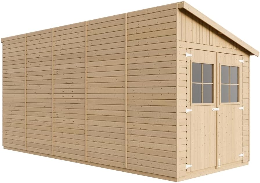 Abri de Jardin en Bois Naturel (avec paroi latérale) Plus Les PLANCHERS IMPRÉGNÉ- Stockage extérieur avec fenêtres- H244x218x514 cm/10 m2- Atelier Rangement Outils et vélos- jardinito M341A+M341G