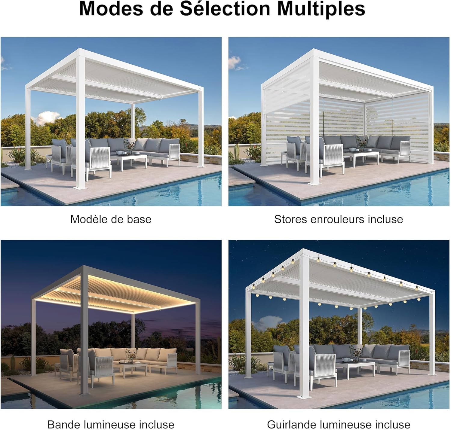 jardinito - pergola bioclimatique - 4,24x3m - aluminium, stores enrouleurs, lames orientables