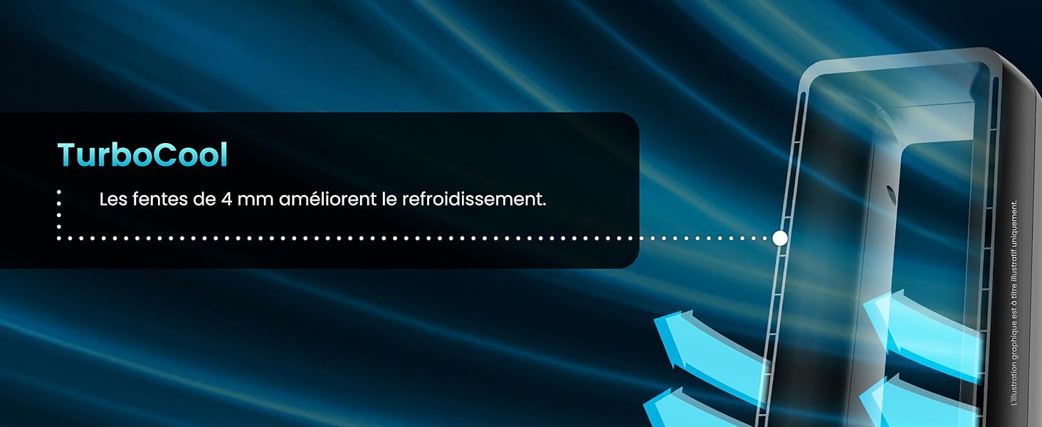 Smartphone ou appareil transparent avec orifices de refroidissement, doté de la technologie « TurboCool ». Le fond bleu avec des stries claires met l'accent sur le concept de refroidissement