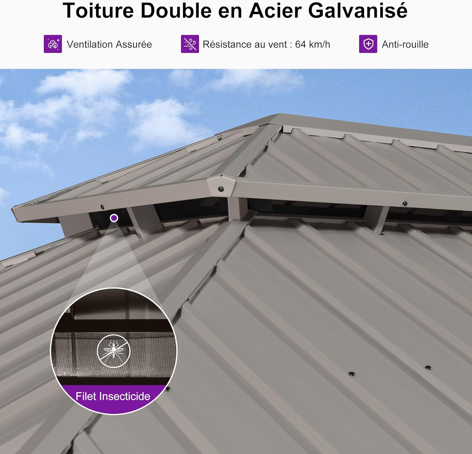 jardinito - Pergola série Champagne - 6 x 3,65 m - aluminium, toit acier, moustiquaire et rideaux