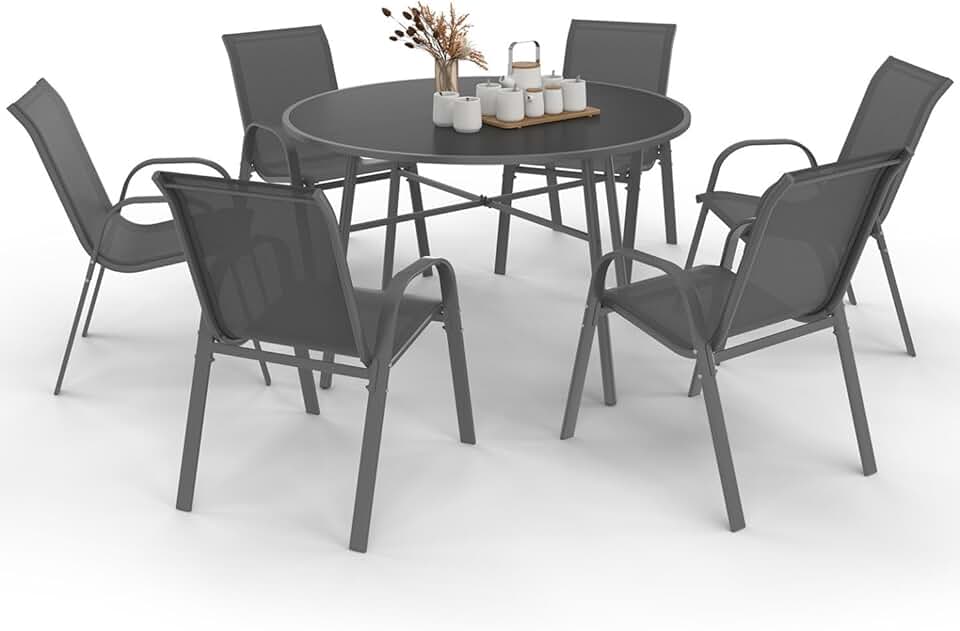 jardinito - Salon Madrid - table ronde 120cm, 6 chaises empilables, gris anthracite