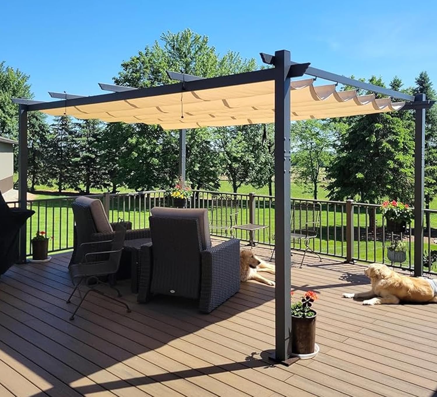 jardinito - Pergola aluminium série - 4,8x3,5m - toit coulissant, tissu teint fil, kaki