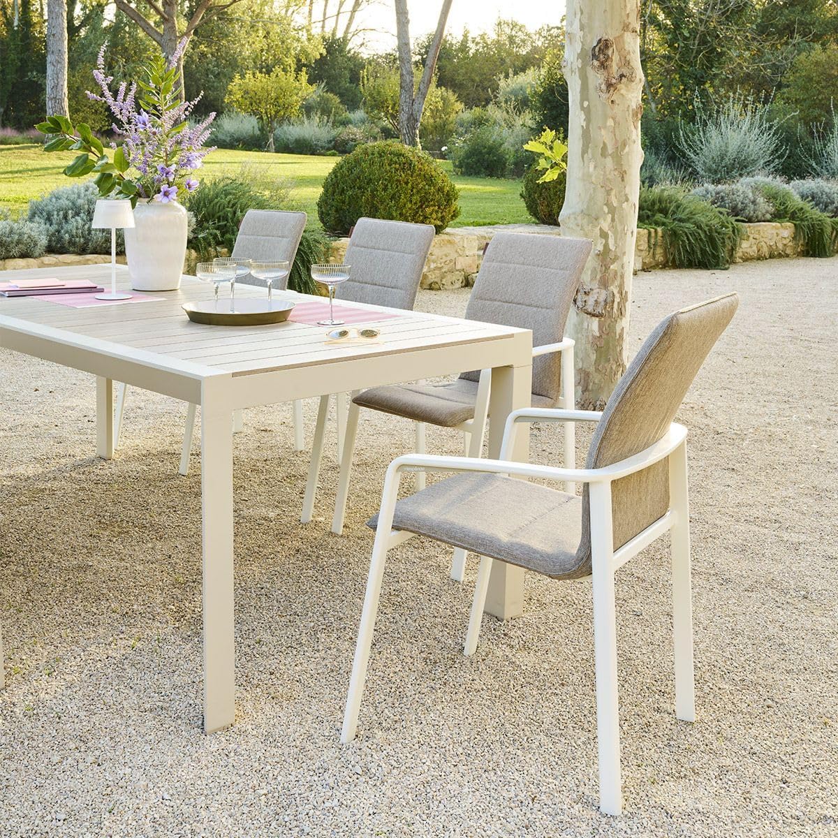 jardinito - Table de jardin Évasion 8 places - aluminium, effet bois, lin et argile