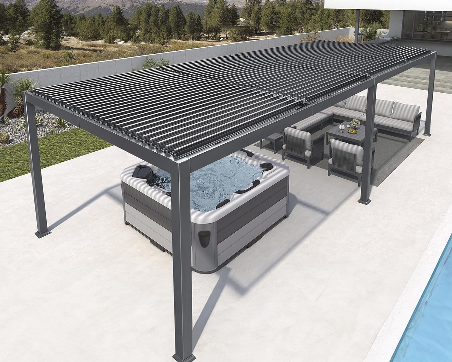 jardinito - Pergola bioclimatique série - 3,5x8,5m - aluminium, lames orientables, jardin, terrasse, gris