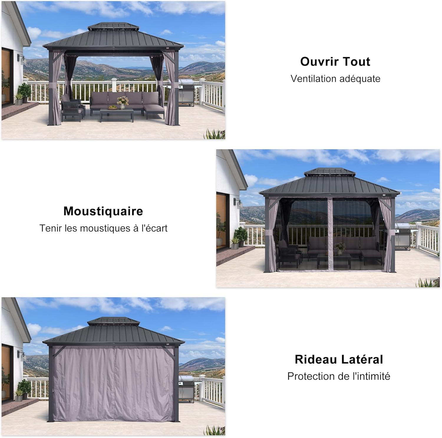 jardinito - Pergola aluminium double toit 3,65x3m rideaux moustiquaire