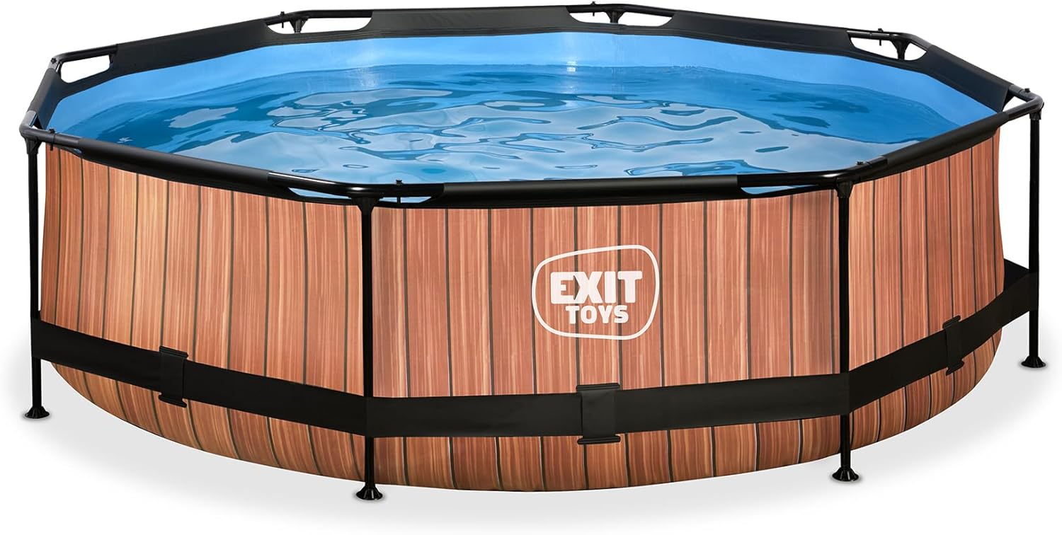 jardinito Piscine Tubulaire Wood - ø300x76cm - Piscine Hors Sol Ronde avec Pompe Filtrante à Cartouche - Entrée Basse - Idéal pour Les Jeunes Enfants - Cadre Stable - Design Unique - Marron