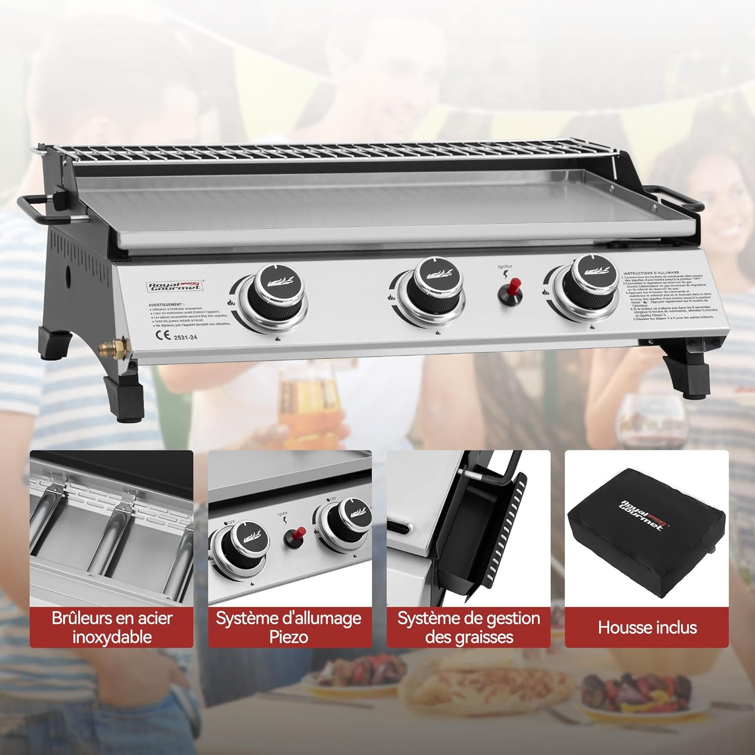 jardinito - Plancha gaz inox 3 brûleurs 61,5x32cm, 7,5kW, usage extérieur