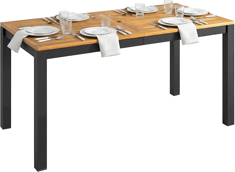 jardinito - Table de jardin rectangulaire 150x75x75 cm - bois acacia, 6 places, trou parasol, 80 kg