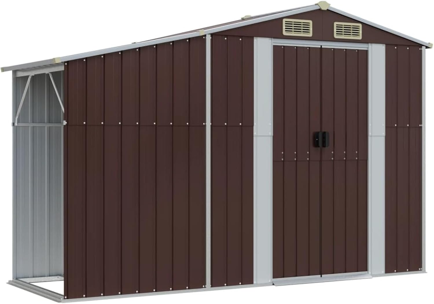 Abri de jardin en acier galvanisé pour outils, bûches et bunker à charbon – Toit incliné durable pour l'extérieur – 277 x 365,5 x 179 cm – Marron