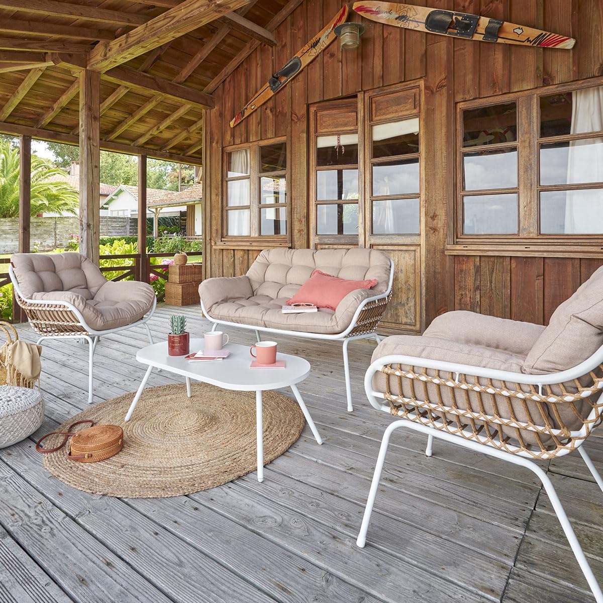 jardinito - Paopao Salon de Jardin - 4 places - acier epoxy, pieds ajustables - Blanc et Beige