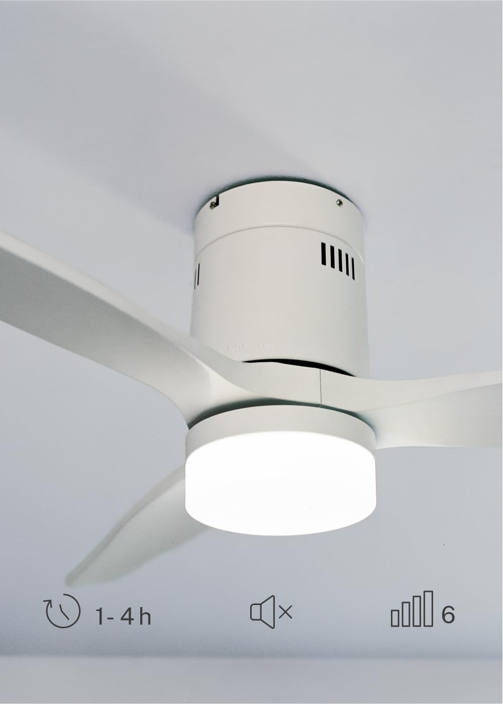 CREATE / WINDCALM M/Ventilateur de plafond ABS avec lumière et télécommande blanc / 40W, Silencieux, Ø132 cm, 6 vitesses, minuterie, été-hiver, double hauteur