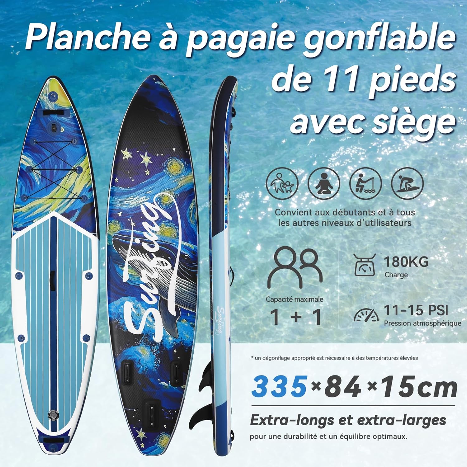 jardinito - Paddle gonflable adulte 320/335cm - 2 personnes, siège kayak, pagaie, support caméra, 150kg