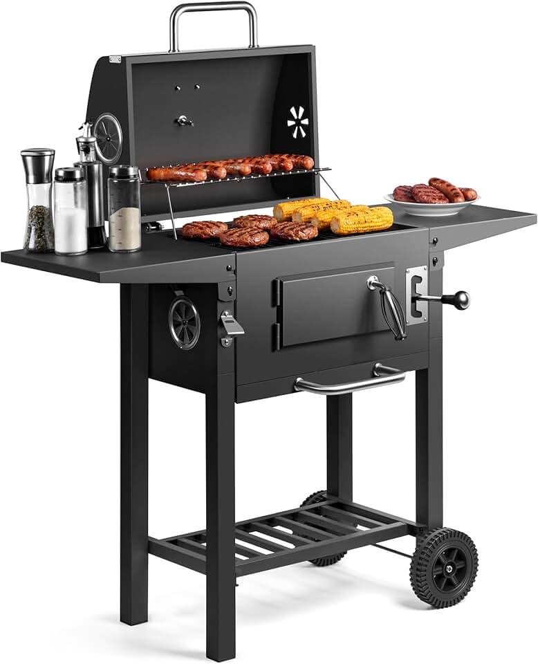 jardinito - Barbecue charbon portable - hauteur réglable, grilles, roulettes, tables latérales, étagère - 78x40x90 cm