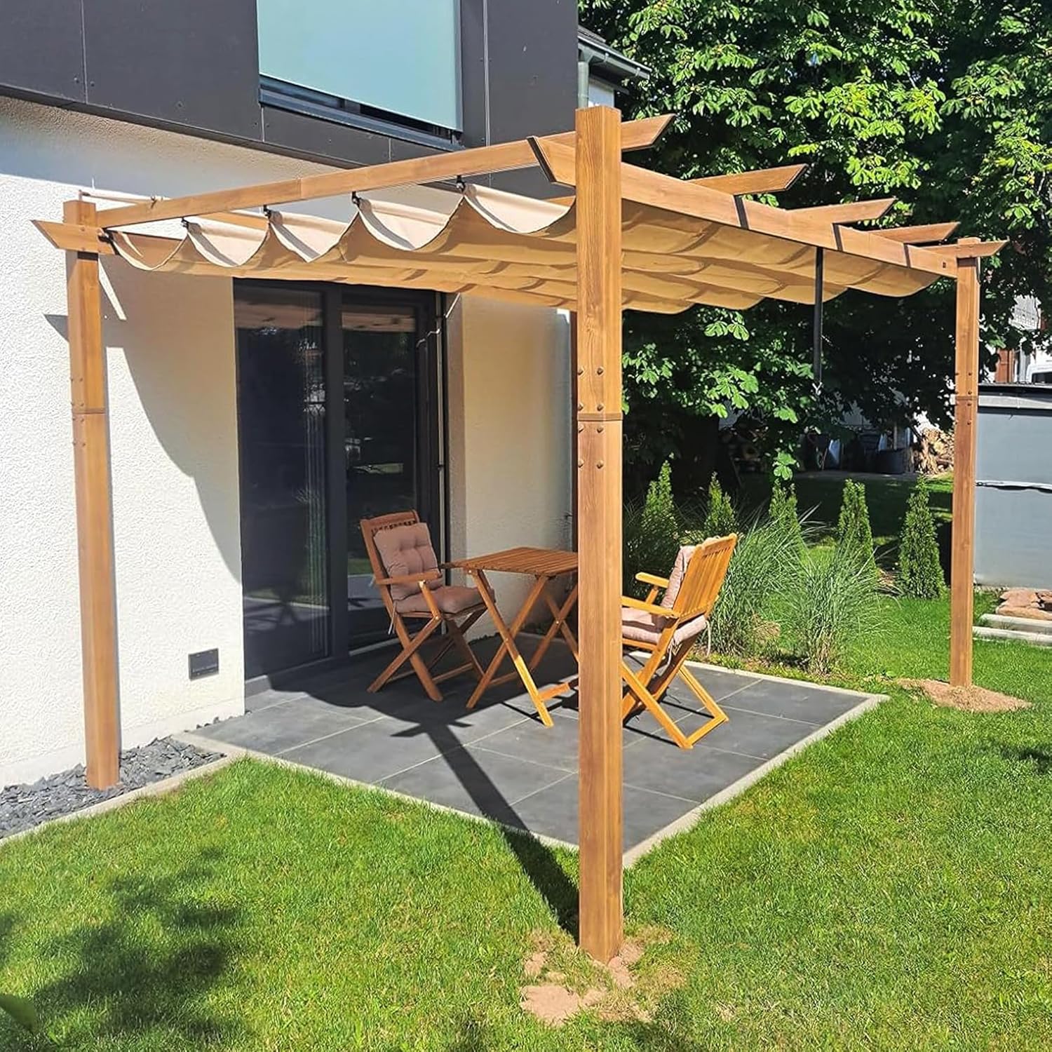 jardinito - pergola aluminium 4x3m teck, toile rétractable, kaki