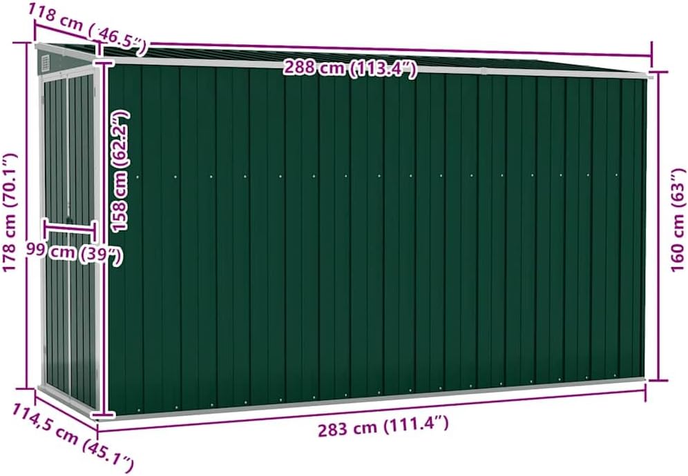 jardinito Abri de Jardin Mural Vert 118x288x178 cm Acier galvanisé,Structures extérieures, Cabanes & abris de Jardin,316225
