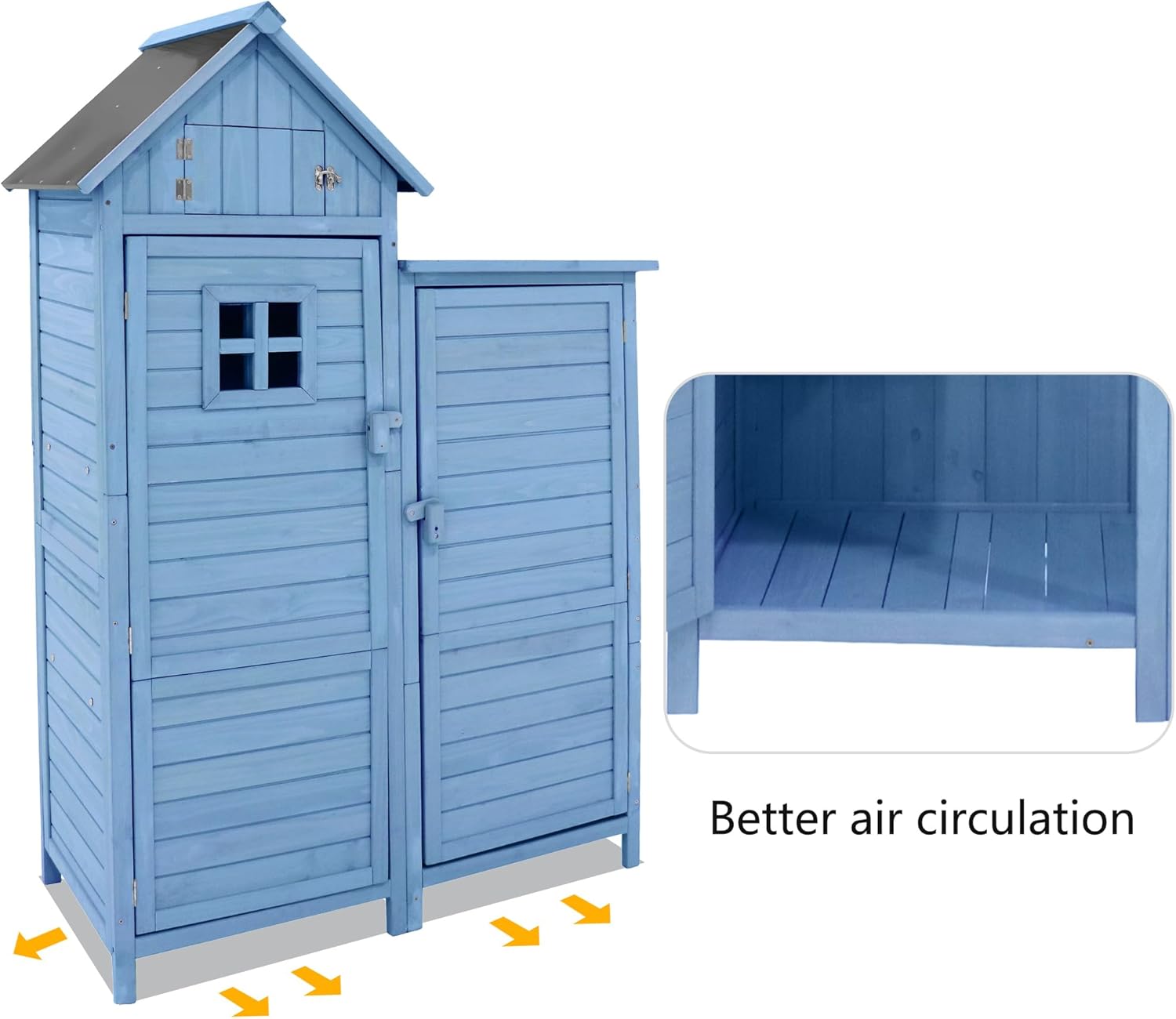 Abri de Jardin en Bois, Cabane de Jardin avec Toit en PVC incliné à loquet, Coffre de Jardin avec Fondation et 2 étagères de Rangement, Armoire Outils de Jardinage, 118x54x173cm Bleu