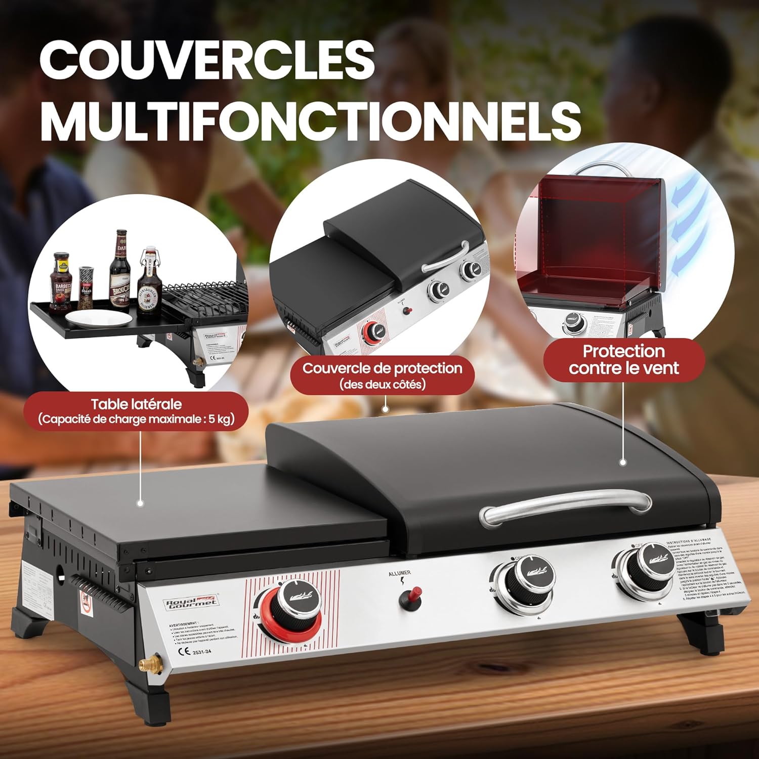 jardinito - barbecue gaz 3 brûleurs - 8,5kW - plancha, grille, couvercle multifonction